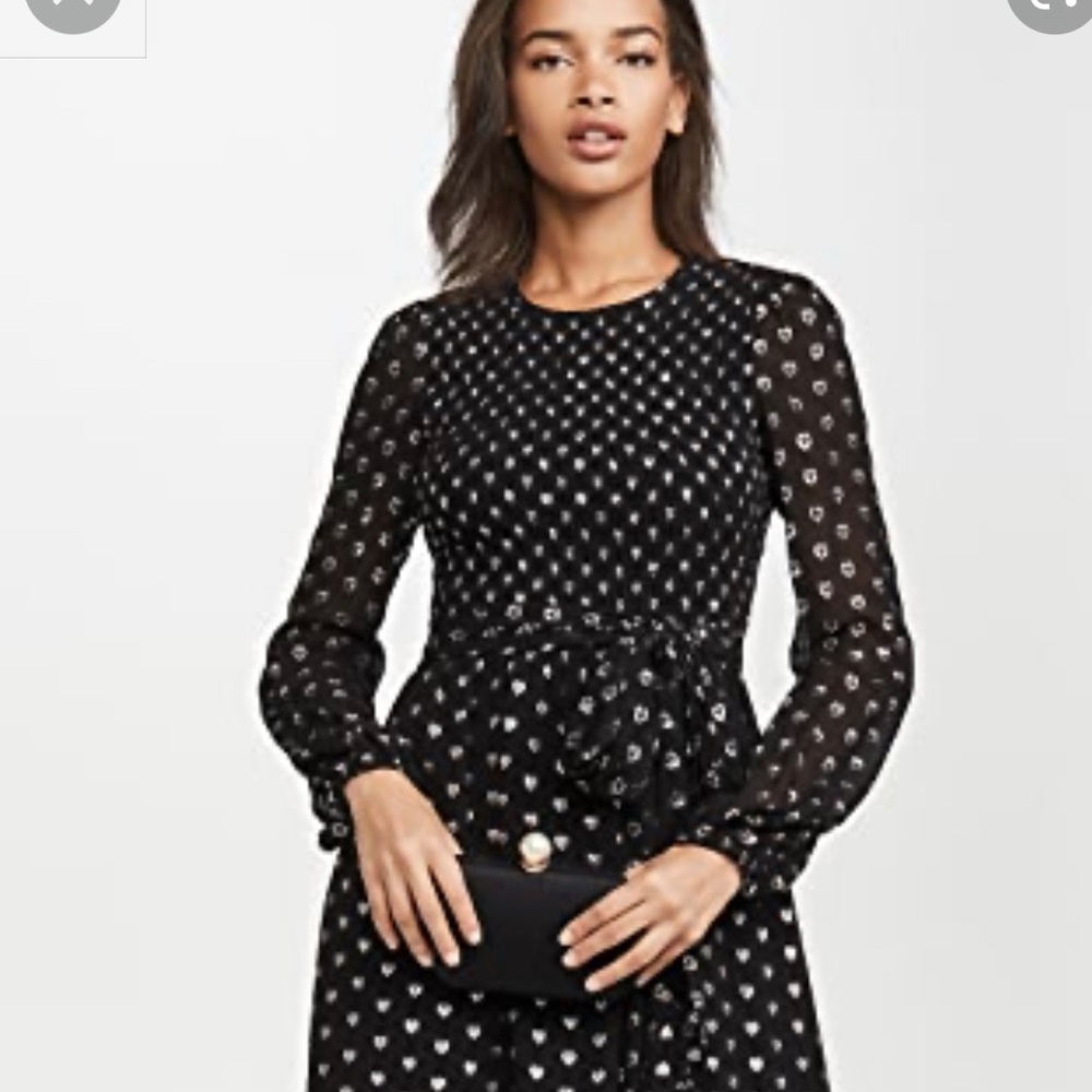 Shoshanna black, lightweight georgette dress with flocked metallic hearts